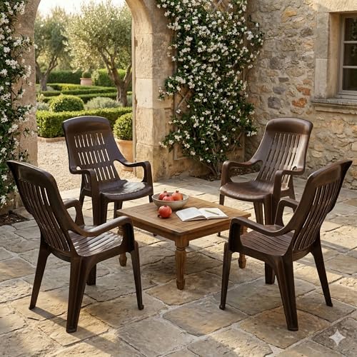 Image of Oaknest Unboxing Furniture Celloo Premium Plastic Relaxing Chair with Armrests | Ergonomic High-Back Lounge Seating for Home, Garden & Balcony (Brown), Count of 4