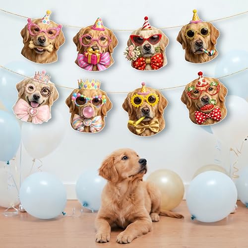 Image of Golden Retriever Birthday Banner, Dog Party Decorations Garland | 8 Unique Golden Retriever Faces, Pre-Strung , Ready to Hang