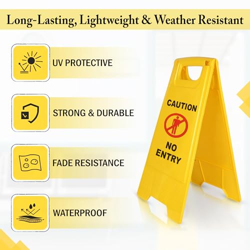 Image of GLUN Caution Sign Board No Entry, Size 24 * 15 * 12 Inch Bright Yellow Colour Clear & Bright Font PP Material, UV Resistant, Two-Side Floor Sign Board