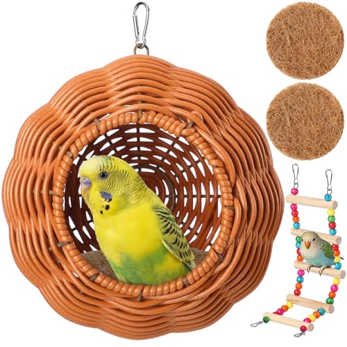 Geelin Rattan Parrot Bird Nest for Cage with Climbing Ladder, Washable Parakeet Bed Nesting Soft,...