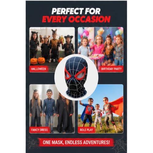Image of SHOPOGENIX Kids Superhero Spider Mask Costume - Full Face Stretchable Cosplay Mask with Breathable Mesh Eyes | Halloween, Birthday Party, Fancy Dress & Role Play Costume