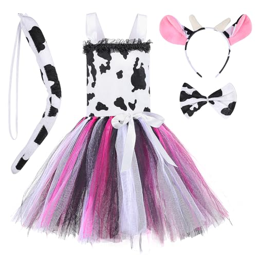 KEESIN niñas animales cosplay disfraces | animal princesa vestido para niñas | Disfraz de cosplay con vestido, pajarita, cinta para el pelo y cola | Adecuado para Navidad y Halloween (Vaca)