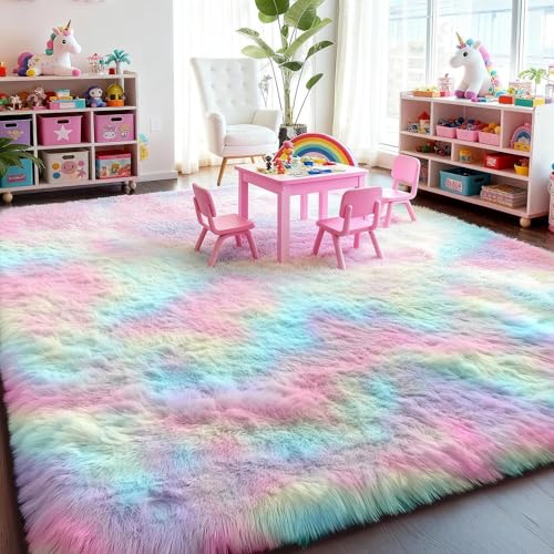 PAGISOFE Rainbow Rugs 6x9, Large Fluffy Soft Carpet,Plush Shaggy Rugs for Bedroom Girls,Kids Rooms,Fuzzy Nursery Rug for Baby's Toddler's Room, Clorful Rooms Decor for Teenage Pastel Kawaii Princess