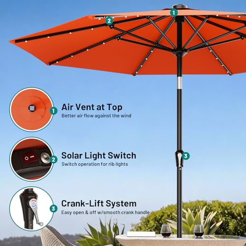 Image of AreShark 9FT Patio Umbrella with Solar Lights, 32 Lighted Pool Umbrella w /Tilt and Crank, Outdoor Market Solar Umbrellas for Garden, Deck, Backyard, Pool and Beach, Orange
