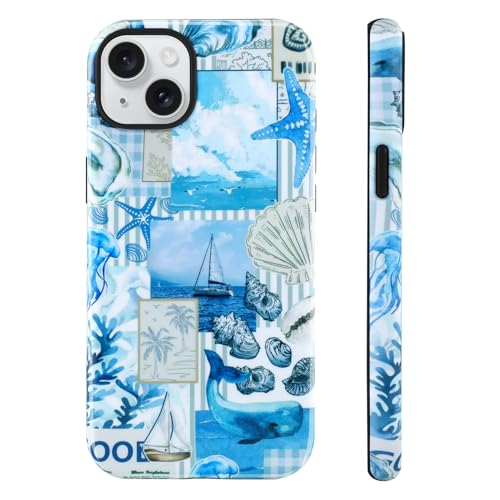 Image of Magnetic for iPhone 15 Plus Case [Compatible with Magsafe] Seashell Ocean Whale Collage Design, Full Body 2 in 1 Shockproof Scratch Resistant Protective Cover for Women Girl