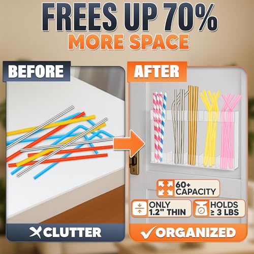 Image of 9.5 inch Large Acrylic Straw Holder for Cabinet Door with Stickers - Peel and Stick Straw Holder for Drawer, for Straws, Makeup Brushes, Kitchen Utensils - Includes Strong Adhesive Tape for Easy Mounting