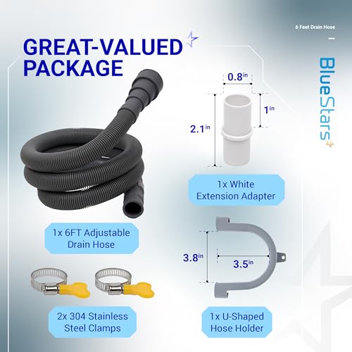 BlueStars-6-Feet-Universal-Dishwasher-Washing-Machine-Drain-Hose-Flexible-Corrugated-Washer-Drain-Hose-Dishwasher-Drain-Hose-Extension-Kit-with-1-Extension-Adapter-2-Clamps-1-U-Bend-Hose-Holder