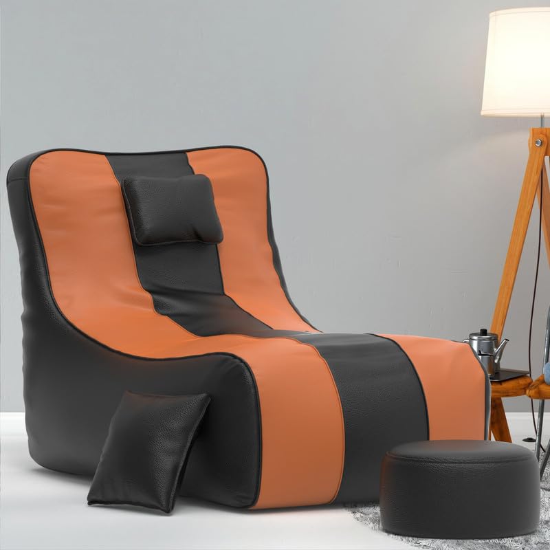 Image of Biggie Bean Bag with Beans Filled 6XL Zuno Lounger-Laziness Pro Max-Crafted for Comfort-Styled for Elegance with Free Cushion & Footrest (Matching Color : Leatherette Black Tan-Brown)