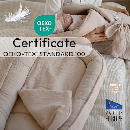 Miniatura 3 de Palulli Nido De Bebé 100x60cm Suave Nido De Muselina Con Colchón Nido Para Dormir, Capullo, Cuna De Viaje Para Recién Nacidos 100 Algodón Beige