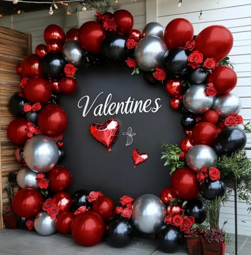Image of Red Black Balloon Arch, Double Stuffed Dark Ruby Red Black Silver Balloon Garland Kit Burgundy Maroon Balloons for Birthday Wedding Valentines Day Baby Shower Engagement Graduation Party Decor