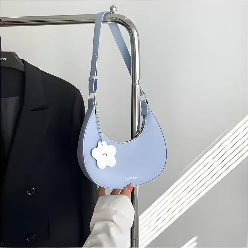 Image of Trendy Women's Shoulder Sling Bag with Flower Charm | Lightweight PU Leather Handbag for Daily Use | Stylish Hobo Bag with Adjustable Strap