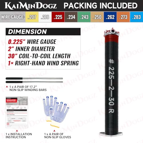 KaiMinDogz Right Hand Wind (Red Cone) 2" Garage Door Torsion Spring with Non-Slip Winding Bars & Gloves, Electrophoresis Black Coated, for Replacement, MIN 16,000 Cycles (0.225x2"x30") by KaiMinDogz - Used condition - Image 2