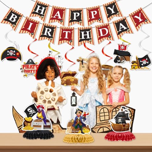 Image of Pirate Birthday Party Banners Hanging Swirls Decorations 13PCS | Pirate Party Decor 13pcs, Glitter Banners Swirls, Cardstock Decor, Nautical Pirate Theme, Birthday Party Decor for Kids Boys
