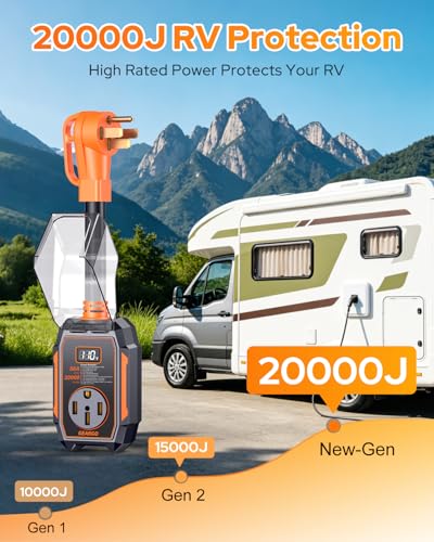 Image of GEARGO 𝟐𝟎𝟐𝟔 Smart RV Surge Protector 50 amp with 20,000J, Auto Shutoff & Reset, Real-time LED Digital Display, IP68 50 amp rv Surge Protector, Full Circuit Analyzer for Travel Trailers