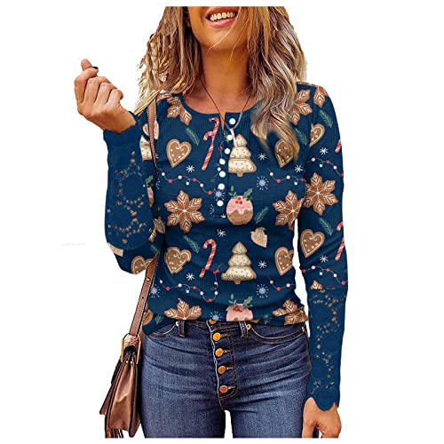 Long Sleeve Henley Shirts for Women Round Neck Pullover Ribbed Tunic Blouse Lace Patched Cuff Slim Sweatshirt