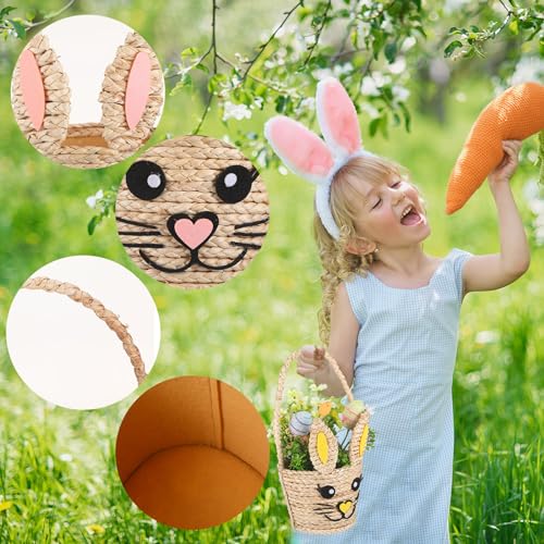 Image of SiliFine 3 Pack Easter Bunny Basket Decor Easter Woven Natural Straw Rabbit Basket with Handle Wicker Bunny Picnic Baskets Table Decor Cute Egg Hunt Baskets for Spring Party Supplies Gifts, 3 Sizes