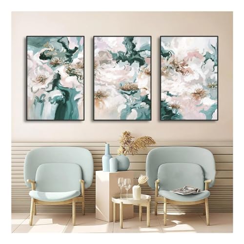 Lot de 3 affiches abstraites fleurs roses vertes 60x80cm pour salon