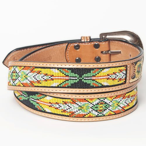 American Darling Large Hand Tooled Tan Genuine American Leather Beaded Belt Men & Women Western Belt with Removable Buckle3