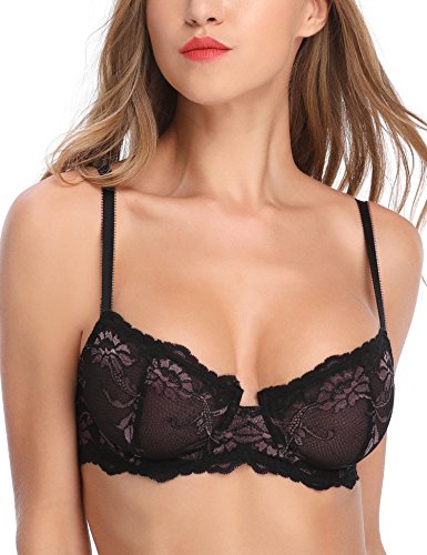 Wingslove Women’s Lace Bra Beauty Sheer Sexy Bra Non Padded Underwired Unlined Bra(Black,38DDD)
