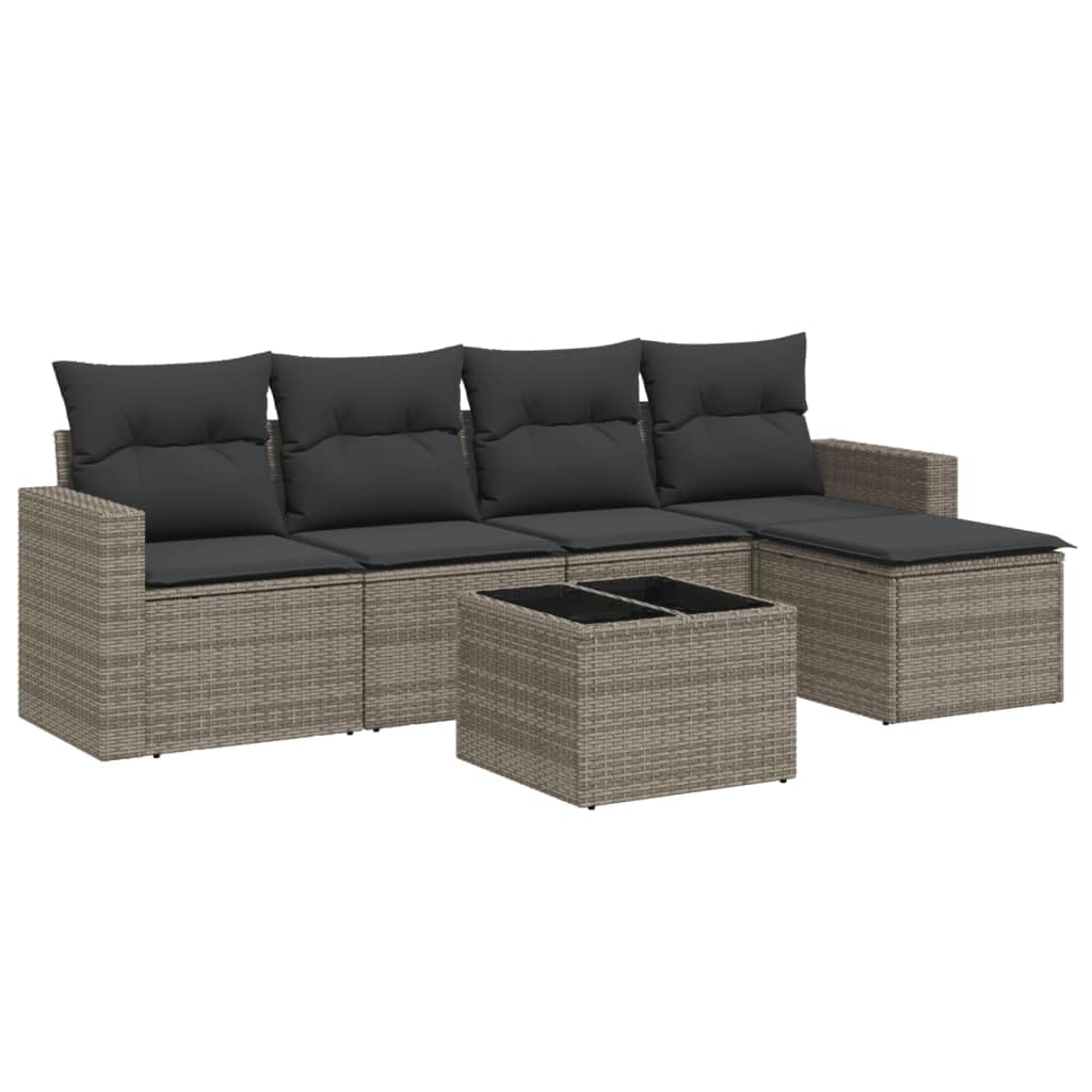 Set Divano da Giardino 6 pz in Polyrattan Grigio con Tavolo | Salotto modulare da esterno per terrazza e patio con vano integrato sotto la seduta e piano in vetro temperato.