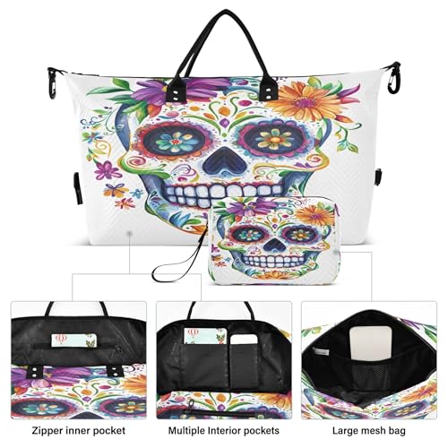 Skull with Colorful Flowers Travel Duffel Bag for Women Weekend Overnight Dag with Toiletry Bag, Luggage Bag for Travel, Sport, Gym2