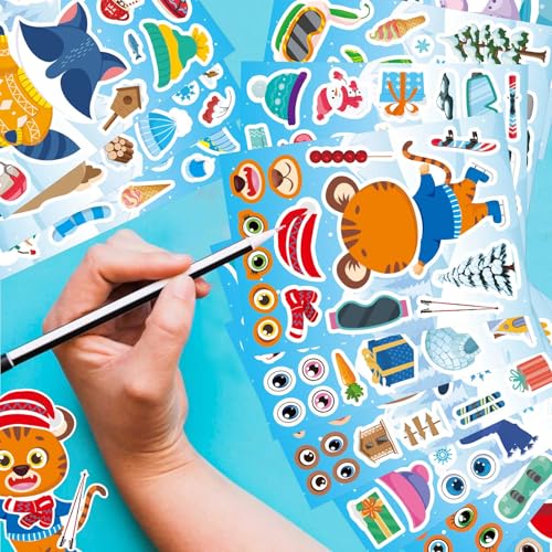 Image of 24 PCS Winter Stickers for Kids, Make-a-Face Sticker, Christmas Craft Decor | Make Your Own Stickers with 12 Designs of Animal Owl Penguin Snowman Bear Sticker for Winter Party Decorations Supplies