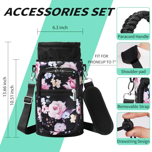 Image of Neoprene One Gallon Water Bottle Sleeve with 4 Pockets & Paracord Handle, 128 oz Metal Water Jug Bottle Pouch Sling Bag with Adjustable Strap for Walking, Sport-Black Flower
