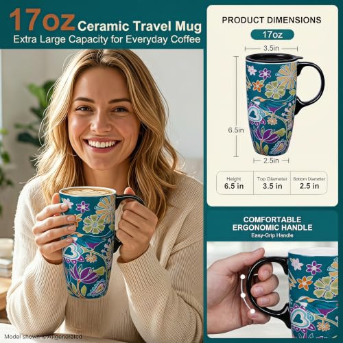 Mug de cerámica de 17oz con tapa y diseño floral boho miniatura 6