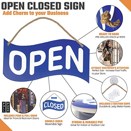 Open Closed Sign for Business – Bundle with 2 Suction Cup, Pull and Push Stickers - Red/Blue Double-Sided Open Signs for Business is The Ideal for Restaurant Stores Bar Windows or Doors (Blue)
