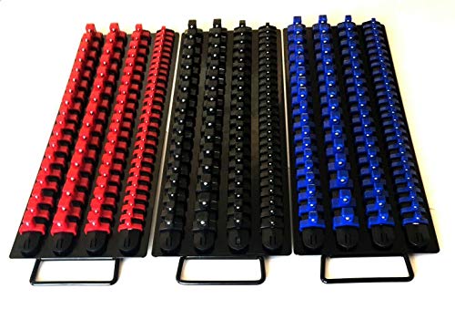 240pc SOCKET STORAGE TRAY RAIL RACK HOLDER SET 1/4 3/8 1/2 RED BLACK BLUE 17-1/2
