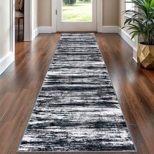 KOZYFLY Modern Abstract Hallway Runner Rug, 2x8 Washable Rug Runner Non-Slip Soft Striped Kitchen Runner Rugs, Black Navy Blue Grey Carpet Runner for Entryway Bathroom Laundry Room Foyer