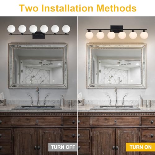 Image of Yaohong 6-Light Matte Black Bathroom Vanity Light Fixtures Over Mirror Mid Century Modern Light Fixture with Milk White Glass Globe Wall Sconce (Included Bulb)