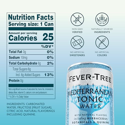 Image of Fever-Tree Mediterranean Tonic Water - Premium Mixer for Cocktails and Mocktails, 24 x 5.1 fl oz Cans Glass Bottles - Naturally Sourced, Non-GMO