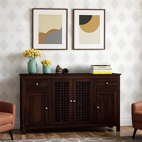 Image of SHIKHA WOOD CRAFT Solid Sheesham Wood Sideboard Cabinet with 2 Drawers & 4 Doors Storage | Wooden Kitchen Cabinet, Crockery Unit, Dining Room Organizer, Living Room Storage Furniture (Walnut Finish)