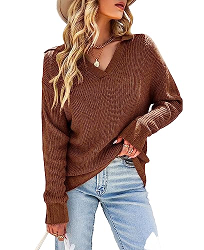 Ebifin Jersey para mujer con cuello en V, camiseta de manga larga, punto básico, elástico, jersey de punto., marrón, XL