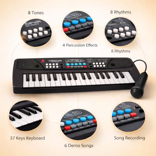 Image of BigFun Kids Piano Keyboard with Mic (1 Year Warranty) | 37 Keys, 8 Rhythms, 8 Tones & 6 Demo Songs | Electronic Musical Toy for Boys & Girls Age 2-9 | Educational & Recording Musical Toy