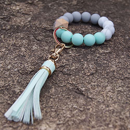 Baosiwa Silicone Beaded Bracelet Keychain Wristlet Key Ring Green Bangle Chains For Women With Leather Tassel #TOP2