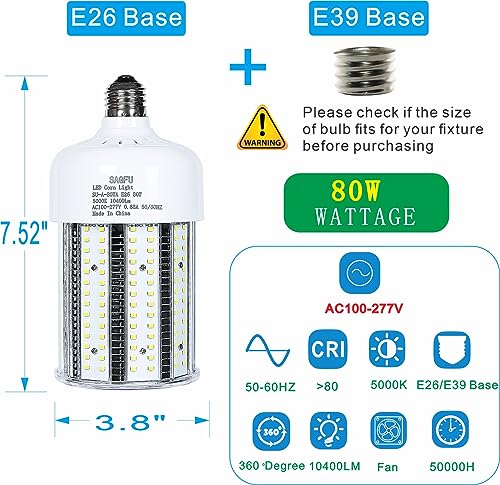 Sagfu 80W Led Corn Light Bulb Lamp Daylight White 10400 Lumen 100-277V Super Bright E26 E39 5000K Replacement 250 Watt Cfl Metal Halide Hid Hps For Street Area Basement Yard Warehouse Work Shop #TOP1