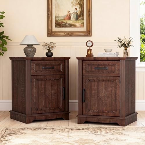 BonVache Vintage Nachttisch 2er Set, 45cm Breit Nachtkästchen mit Schublade und Magnetisch geschlossene Tür, Moderner Bauernhausstil Nachttische...