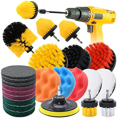 Drill Scrub Brush Set, 24pcs 1/4in Power Scrubber with 1pcs Extend Long Attachment, for Showers, Tubs, Bathroom, Tile, Grout, Carpet