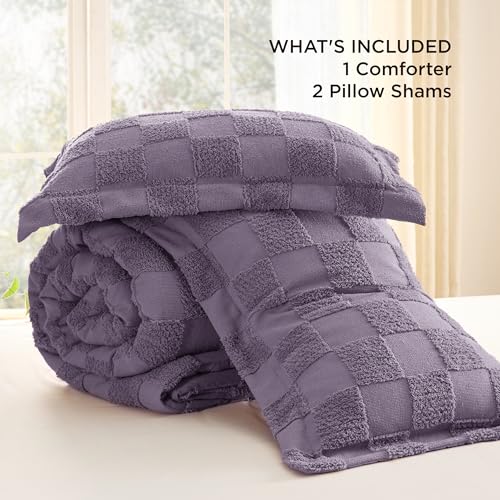 Image of Bedsure King Size Comforter Set Grayish Purple, Boho Tufted Bed Set, Checkered Farmhouse-Style Distressed Vintage Bedding, 3 Pieces, 1 Plaid Geometric Comforter and 2 Pillow Shams