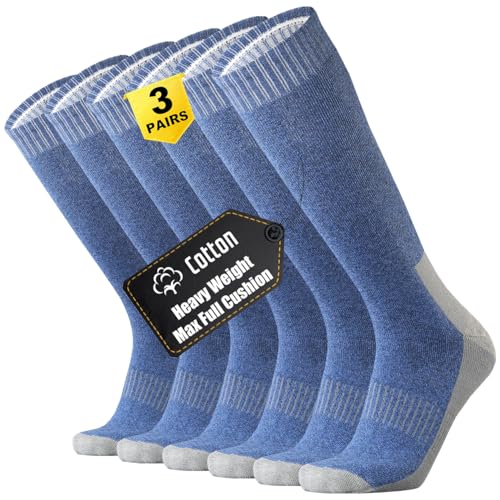ONKE Knee High Socks for Men Work Boot Heavy Duty Tube Over the Calf Thick Full Cushion Moisture Control Durable Breathable(Denim L)