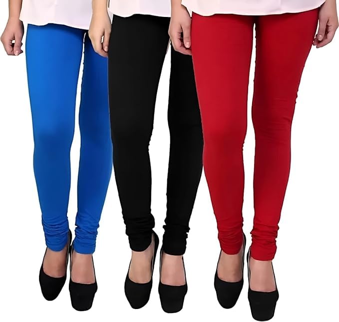 Cotton Ankle Length Churidar Leggings for Women, Elasticated Waistband, Set of 3-image-1