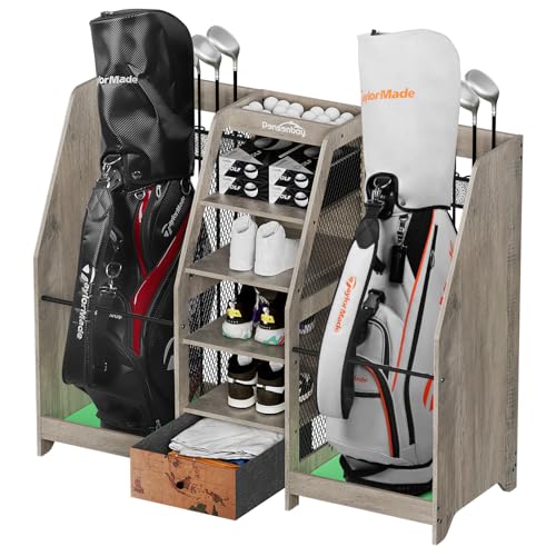 Ponsonbay Golf Bag Storage Organizer for Garage, Premium Wooden 2 Golf Bags Rack with Drawer, Easy Assemble Golf Club Stand/Holder Suitable for Garage Home Simulator and Office