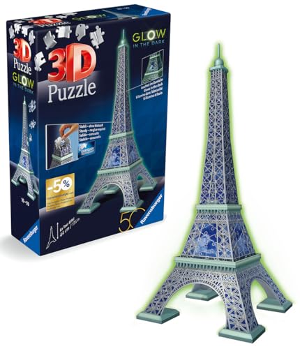 Ravensburger Glow in The Dark Eiffel Tower 3D Jigsaw Puzzles for Kids and Adults Age 8 Years Up - 50th Anniversary Edition - 216 Pieces - No Glue Required