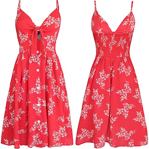 Image of FANCYINN Womens Tie Front Button Down A-Line Dresses Summer Spaghetti Strap Midi Dress Floral Prints