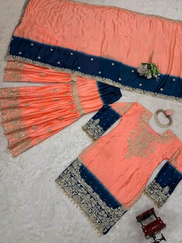 Image of Pandadi Saree Women's Chinon Silk Embroidery Kurta Sharara Set With Dupatta.
