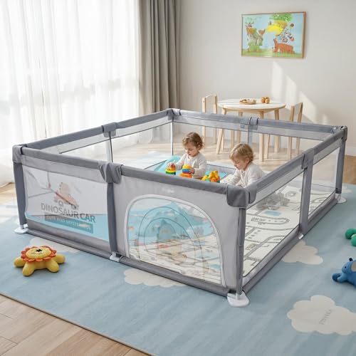 Image of Baybee JoyHub Plus Kids Playpen for Babies with Play mat | Baby Play Area Indoor Setup with Zipper Door & Toys Pouch | Kids Activity Floor Mat Playards with Corner Protection | Outdoor play pen for baby for 0 - 5 years Boys Girls (200 x 180 CM - Light Grey)