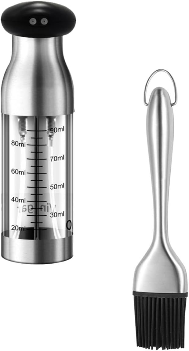 Stainless Steel Oil Sprayer Bottle and Brush Set Dual-head Olive Oil and Vinegar Dispenser with Spray and Pour Functions for Salad Bbq and Frying