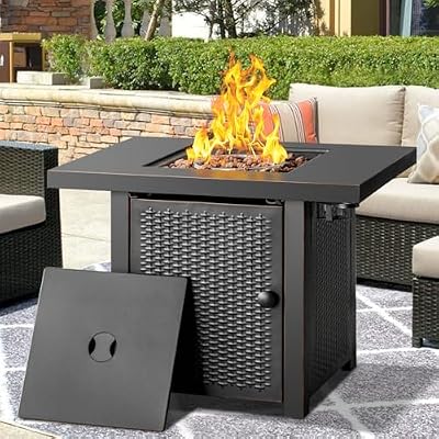 OutVue 32 Inch Propane Fire Pit Table, Outdoor Gas Fire Pits with 2 Drink Holders, Lid & Lava Rock, 50000 BTU Firepit for Dinning, Party in Outside, Patio, Garden or Yard